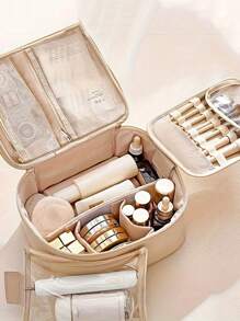 1 件带手柄便携式化妆包盥洗包，Pu 大容量化妆品收纳包防水旅行收纳包，存放化妆品和旅行必需品，女士礼物化妆包化妆包化妆品收纳盒化妆品收纳