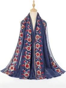 Boho Flower Embroidery Hijab Scarf Casual Outdoor Sunscreen Windproof Beach Towel