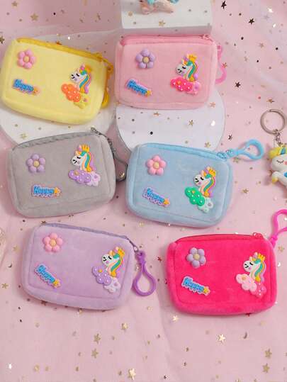 New Unicorn & Flower Printed Short Plush Silicone Mini Coin Purse, Cartoon Unicorn Storage Bag For Kids, Portable Earphone Accessory Case
