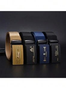 1pc Fashionable Canvas Nylon Teeth-Less Automatic Buckle Simple Belt For Men, Suitable For Young Men's Jeans, [Buckle Head Style & Color Random] - Multicolor - View 8