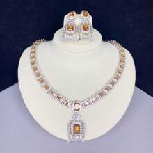 Conjunto de joyería para mujer, Collar de piedras preciosas de colores y conjunto de aretes, Cobre con circonia cúbica AAA, Conjunto de accesorios de moda de vestido de noche nupcial elegante y exagerado
