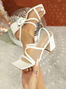 Sandalias blancas de tacón cuadrado alto para mujer, tacón grueso, cómodas para usar durante mucho tiempo, adecuadas para uso diario y de oficina con faldas para un aspecto elegante y moderno - Blanco - Ver 2