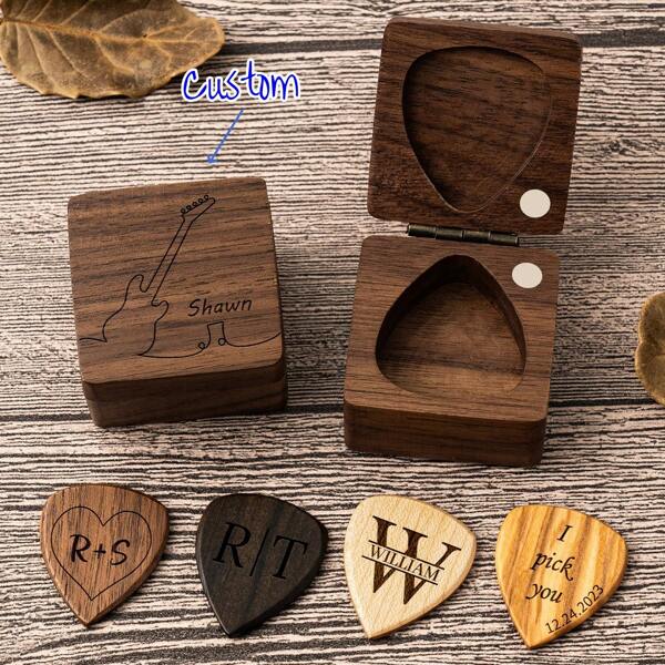 Custom Wooden Guitar Picks Box, Personalized Wooden 3pcs Guitar Picks With Case, Plectrum Box Guitar Player Gift, Music Gift For Guitarist, Father's Day Christmas Birthday Gift For Men