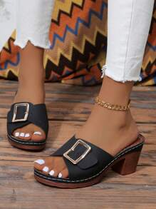 Ladies' Fashionable Metal Square Buckle Belt Design, Slip-Resistant, Breathable & Comfortable, Peep-Toe Wedge Heel Platform Sandals In Plus Size, Elegant Retro Style For Daily Wear, Work, Summer, Black Chunky Heel Slides