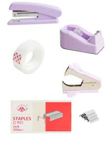 1set Purple Stationery Set - 1 Stapler, 1 Tape Dispenser, 1 Box Staples, 1 Hole Puncher, 1 Tape, Minimalist Style, Multi-Functional For Office, Students, Home Office, Ergonomic Design - Purple - View 6