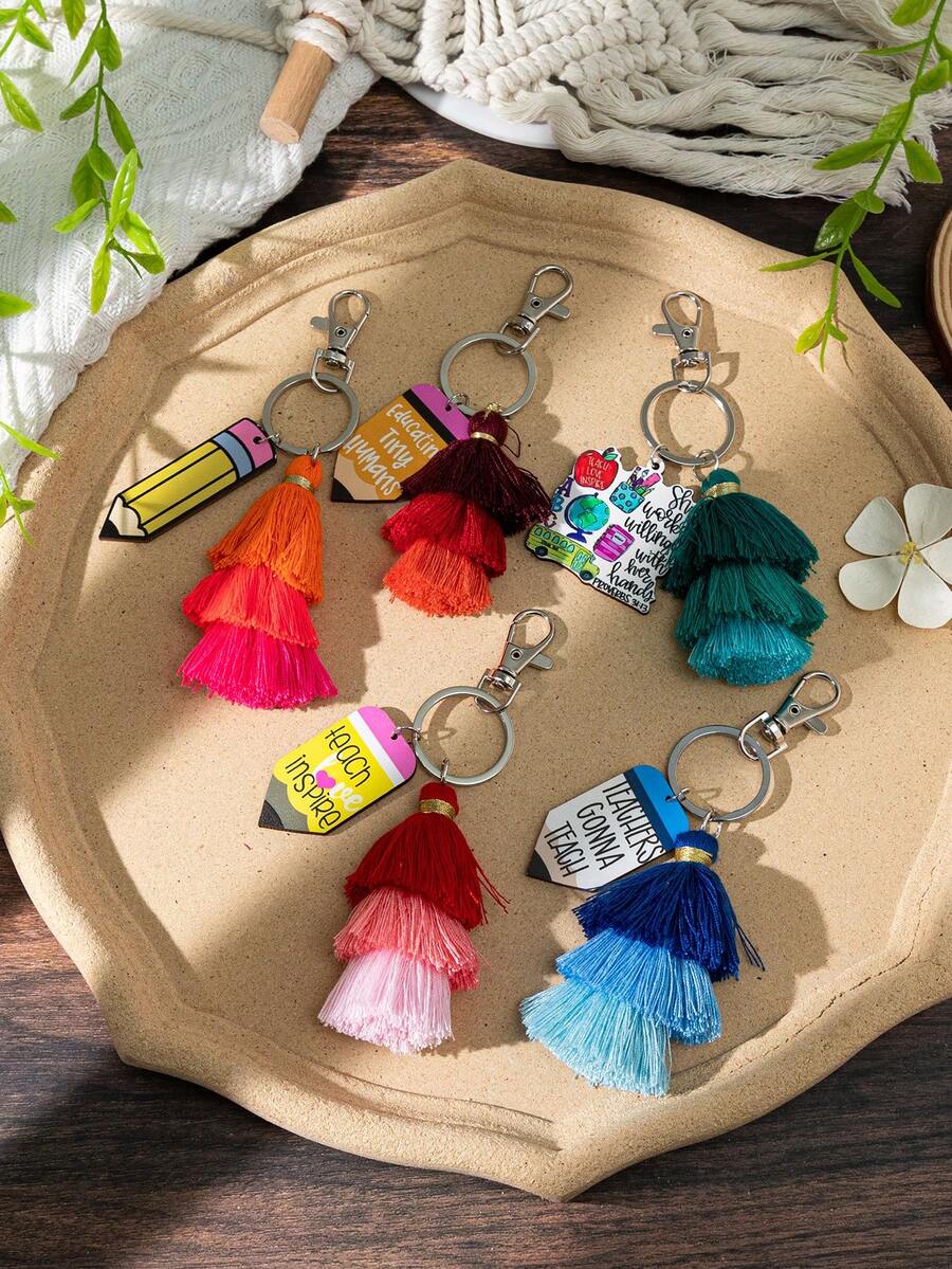 1pc Bohemian Style Tassel Keychain With Pencil, Globe, Apple Charm For Teacher's Day - Multicolor - View 1