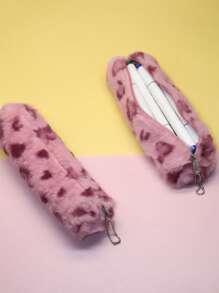 X Jess 1pc Heart Pattern Plush Pencil Case,Pencil Pouch,School Bag,Stationery - Dusty Pink - View 2