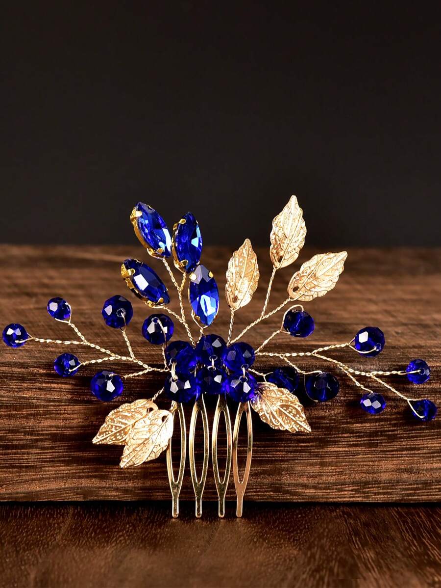 1pc Women's Gold-Tone Leaf & Sapphire Crystal Side Comb Bridal Hair Accessory, School Stuff, Wedding, Hair Accessories, Head Accessories, Hair Accessories For Women, Bridesmaid - Royal Blue - View 1