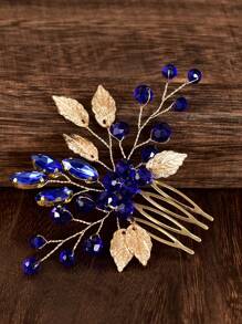 1pc Women's Gold-Tone Leaf & Sapphire Crystal Side Comb Bridal Hair Accessory, School Stuff, Wedding, Hair Accessories, Head Accessories, Hair Accessories For Women, Bridesmaid - Royal Blue - View 2