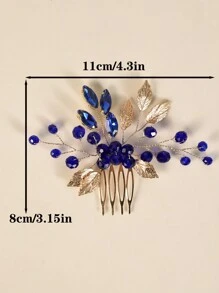 1pc Women's Gold-Tone Leaf & Sapphire Crystal Side Comb Bridal Hair Accessory, School Stuff, Wedding, Hair Accessories, Head Accessories, Hair Accessories For Women, Bridesmaid - Royal Blue - View 3