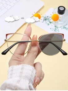 1 pieza Gafas de moda para mujer con marco metálico redondo de ojo de gato, flexibles, fotocromáticas, para uso interior, computadora y exterior - Negro - Ver 5