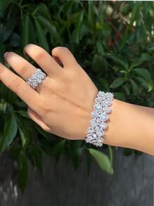 1 件手链 + 1 件戒指，闪亮 5A 方晶锆石奢华可调节开口袖口手镯和戒指首饰套装，适合女士婚礼新娘派对首饰 - 白色 - 查看 3