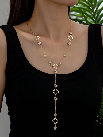 1pc Fashionable Lucky Flower Faux Pearl Y-Shaped Long Necklace Valentines,Mom,Mother,Mother's Day,Gift