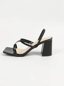Women's Black Square-Toed High Heeled Sandals With Chunky Heels, Comfortable For Long Time Wear, Versatile For Daily And Workwear With Skirts, Elegant Style Shoes