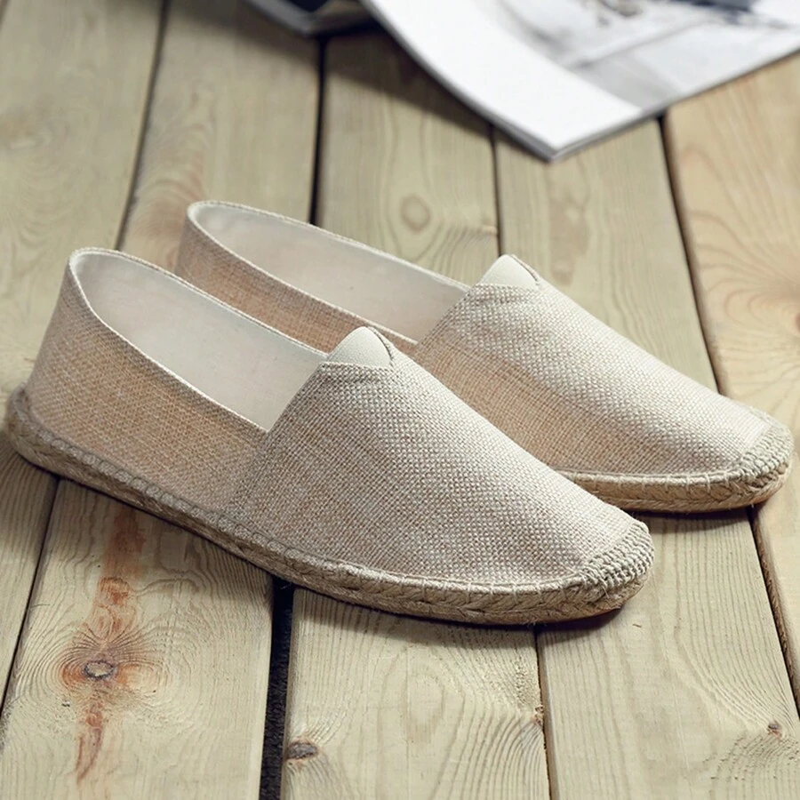 Chaussures de pêcheur en canevas respirante pour hommes, semelle en corde de chanvre, sans lacet, absorbante, anti-odeur, légère, tressée, décontractée, pour les vacances, en canevas de chanvre, chaussures plates noires et blanches, chaussures décontractées respirantes, chaussures de voyage blanches pour les vacances, chaussures noires en corde de chanvre, chaussures unisexes à semelle en chanvre, chaussures à semelle dure pour hommes