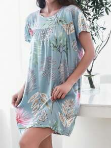 女士花卉印花家居睡袍短袖睡衣，休闲家居服连衣裙 - 綠色 - 查看 5