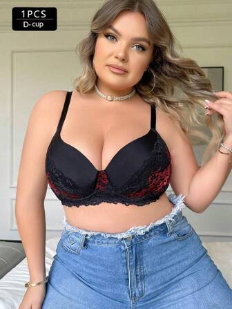 Plus Size Padded Push-Up Bra For Cross-Border E-Commerce, Thin-Style Breast Support, Lace Design, Adjustable Strap With Back Closure, Underwire Bra, Women's Size, US/European Style