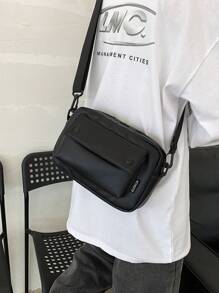 男士纯色 PU 皮革大容量翻盖拉链方形斜挎包，通勤和日常用途皆宜 - 黑色 - 查看 3