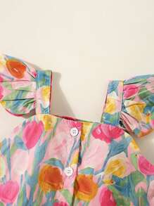 Baby Girl Summer Set - Cap Sleeve Flower Print Romper & Elastic Waistband Shorts Two-Piece Outfit