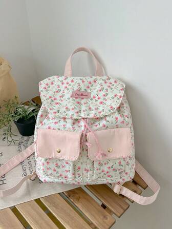 1pc Girl's Ditsy Floral Canvas Backpack, Drawstring Closure, Fresh & Cute Casual Lightweight Bag With Large Capacity, Suitable For Daily Use