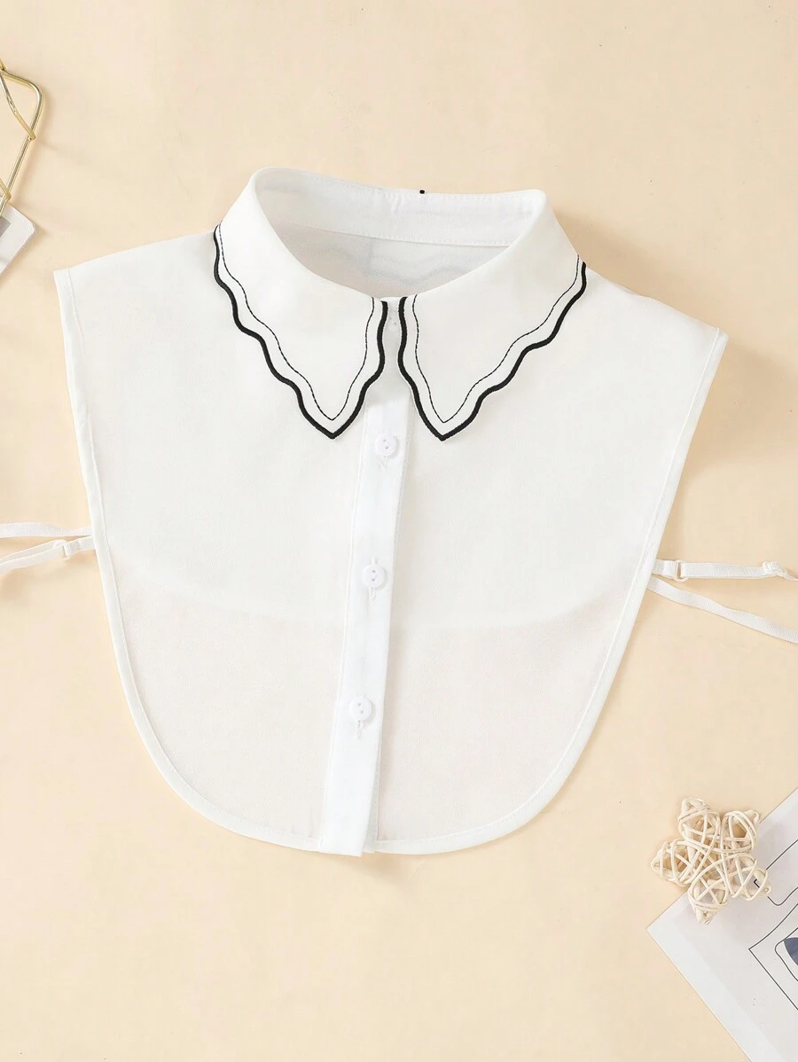 1入組女士時尚白色絲綢分離式領子,黑邊配波浪刺繡邊緣,適用於毛衣、套頭衫、t卹和襯衫 - 白色 - 查看 1