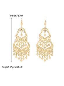 1 par de aretes de aleación exquisitos con borlas ahuecadas, largos aretes colgantes nupciales marroquíes, joyería de oreja de estilo vintage francés para mujeres argelinas, accesorios esenciales para fiestas y festivales