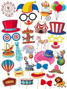 30入組馬戲團照相亭道具與貼紙，有趣的嘉年華主題派對裝飾，適用於生日派對-30件照相亭套件，30個膠貼片，30根棍子-馬戲團主題派對裝飾-嘉年華背景 - 彩色 - 查看 1