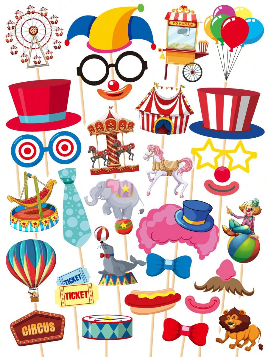 30入組馬戲團照相亭道具與貼紙，有趣的嘉年華主題派對裝飾，適用於生日派對-30件照相亭套件，30個膠貼片，30根棍子-馬戲團主題派對裝飾-嘉年華背景 - 彩色 - 查看 1