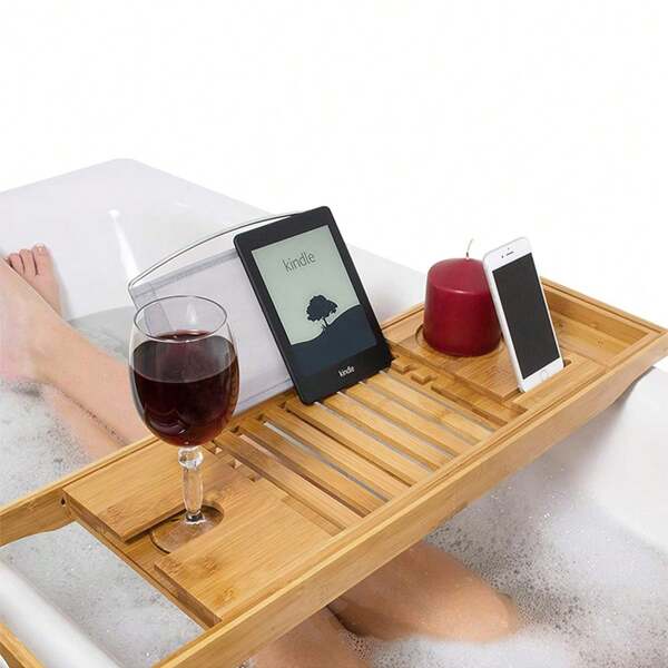 Extendable Bamboo Bathtub Tray, Multifunctional Bathroom Organizer Rack For Reading, Tablet, Storage