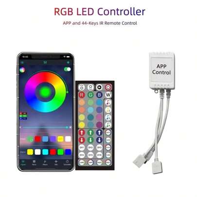 RGB LED Controller, RGB LED Lights Controller, RGB LED Strip LightsController, Smart APP And 44-Key IR Remote Control, RGB Music SyncLED Controller, 5V-24V 4 Pin SMD 5050 3528 RGB LED Strip Lights, 2Ports (No Power Adapter)