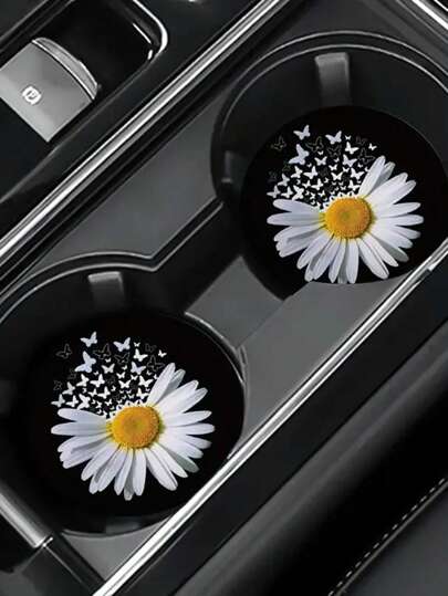 2入組汽車杯墊汽車水杯隔熱墊高精度印刷創意圖案圓形防滑墊