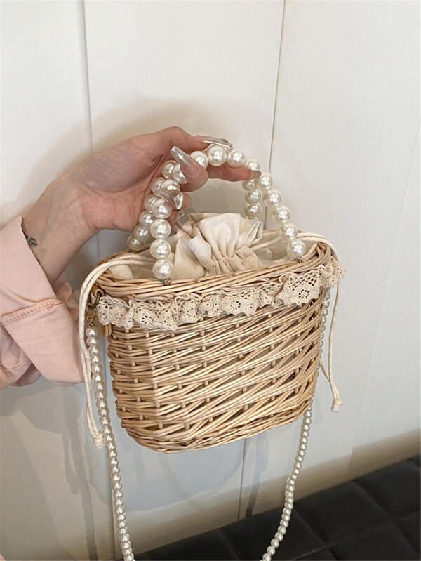 Handmade Woven Wicker Bag Pearl Decor Gift Basket With Handle, Suitable As Crossbody Bag Or Souvenir Bag, Drawstring Pouch, Home Decoration
