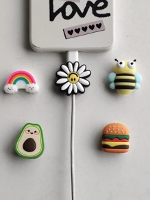 5pcs Cartoon Flower, Bee, Avocado Charging Cable Protector Compatible With IPhone, Android, Data Cable, USB, Bluetooth Earphone Charging Line Anti-Breaking Cover - Multicolor - View 3
