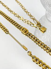 Monlansher 1pc Stainless Steel Women Fashion Chain Necklace With Simple Pendant, Versatile Metal Clasp Design For Layered Wear - Gold - View 7