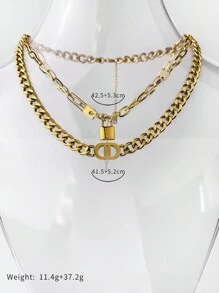 Monlansher 1pc Stainless Steel Women Fashion Chain Necklace With Simple Pendant, Versatile Metal Clasp Design For Layered Wear - Gold - View 10