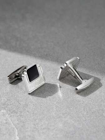 1 Pair Square Black With Silver Plating Men's Cufflinks, Fashionable Business Style