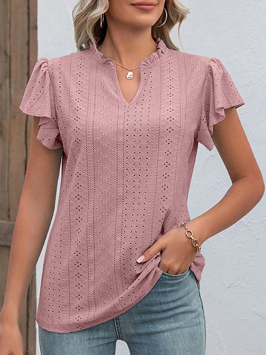 Women Summer Casual Tops V Neck Ruffle Short Sleeve Flowy Business T Shirts Dressy Cute Eyelet Printed Basic Tees Tunic Blouse - Pink - View 1