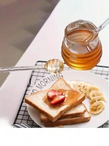 1pc High Borosilicate Glass Honey Jar With Lid And Stirring Rod, Creative Transparent Glass Container - Clear - View 9