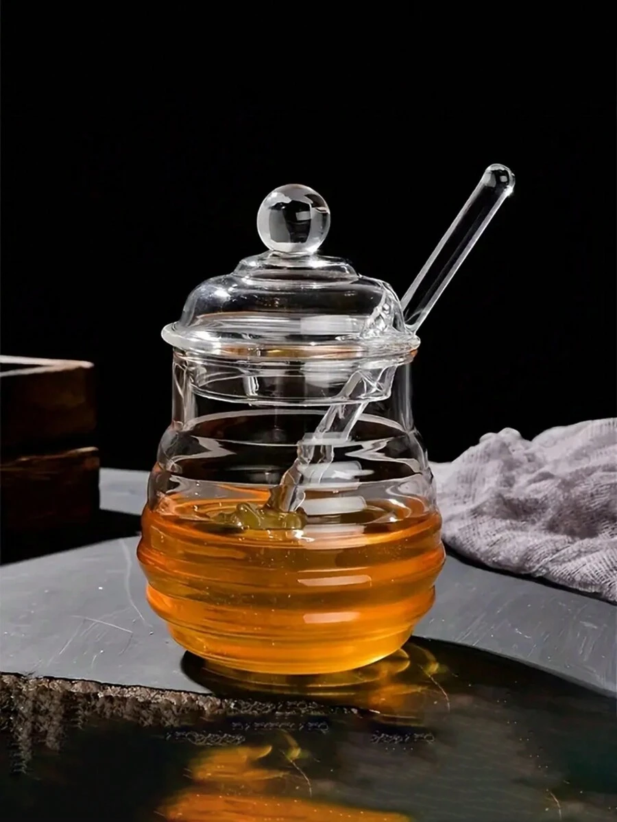1pc High Borosilicate Glass Honey Jar With Lid And Stirring Rod, Creative Transparent Glass Container - Clear - View 1
