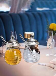 1pc High Borosilicate Glass Honey Jar With Lid And Stirring Rod, Creative Transparent Glass Container - Clear - View 5
