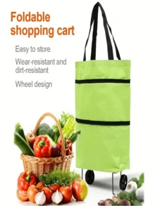 1pc, Reusable Household Foldable Portable Trolley Bag Shopping Cart With Wheels Bag Large Capacity Shopping Bag Telescopic Bag Small Trailer For Hotel - Green - View 7