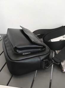 男士纯色 PU 皮革大容量翻盖拉链方形斜挎包，通勤和日常用途皆宜 - 黑色 - 查看 8