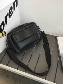 男士纯色 PU 皮革大容量翻盖拉链方形斜挎包，通勤和日常用途皆宜 - 黑色 - 查看 5