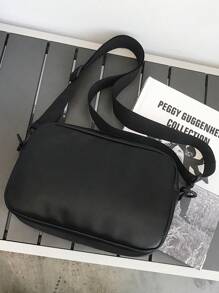 男士纯色 PU 皮革大容量翻盖拉链方形斜挎包，通勤和日常用途皆宜 - 黑色 - 查看 7