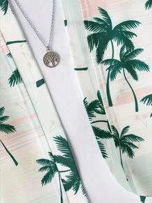 Tween Boy Summer Coconut Tree & Beach Printed Casual 3pcs Set With Hat - Green - View 5