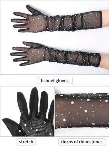 1 Pair Of Women's Fishnet Party Gloves With Artificial Rhinestones, Perfect For Parties, Festivals And Weddings Halloween Witchwedding