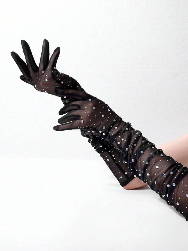 1 Pair Of Women's Fishnet Party Gloves With Artificial Rhinestones, Perfect For Parties, Festivals And Weddings Halloween Witchwedding