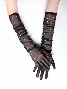 1 Pair Of Women's Fishnet Party Gloves With Artificial Rhinestones, Perfect For Parties, Festivals And Weddings Halloween Witchwedding