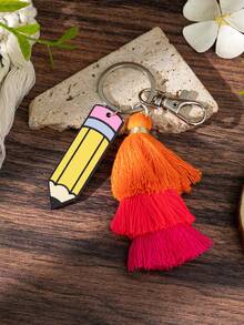 1pc Bohemian Style Tassel Keychain With Pencil, Globe, Apple Charm For Teacher's Day - Multicolor - View 3