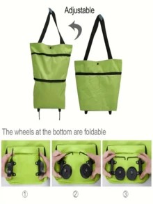 1pc, Reusable Household Foldable Portable Trolley Bag Shopping Cart With Wheels Bag Large Capacity Shopping Bag Telescopic Bag Small Trailer For Hotel - Green - View 5